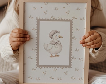 Art mural d'oie d'inspiration vintage | Impression numérique | Aquarelle fantaisiste | Décoration pour chambre de bébé Cottagecore | Illustration mignonne d'oie | Suzanne