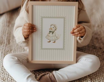 Art mural d'oie d'inspiration vintage | Impression numérique | Aquarelle fantaisiste | Décoration pour chambre de bébé Cottagecore | Illustration mignonne d'oie | Béatrice