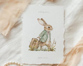 Tarjeta de Pascua imprimible / Conejos de acuarela / Descarga digital / Saludo de Pascua / Imprimir en casa / Tarjeta de conejito / Vintage / Cuadros verdes