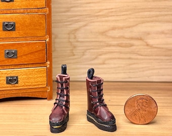 Miniature Leather Pair of Doc Marten'sBoots,  Oxblood, Handcrafted, 1/12" Scale