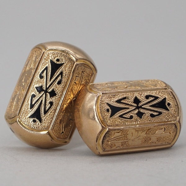Antique Victorian Gold Filled Taille D'Epargne Enamel Engraved Cufflinks