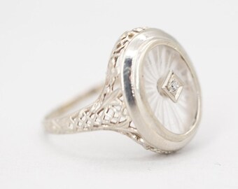 Size 5 1/2 1932 14K White Gold Filigree Camphor Glass and Diamond Ring WW