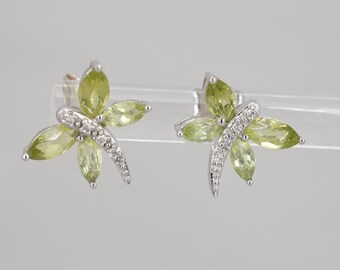 antique 14k white gold, diamond and peridot dragonfly earrings ww