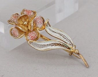 Gilt 800 Silver Filigree with Enamel Flower Brooch/ Pin