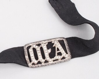 Antique Victorian Sterling Silver & Rhinestone Slide on Ribbon Choker &quot;MA&quot; Necklace