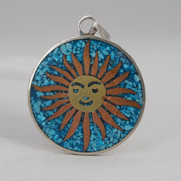 Mexican Sterling SIlver, Copper and Brass Crushed Stone Inlay Sun Pendant