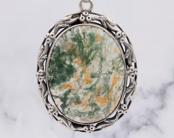 Vintage 1978 English sterling silver moss agate mid-century modern pendant