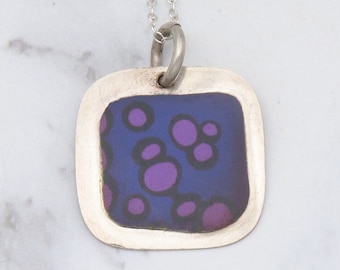 Vintage handmade 90’s sterling enamel tile pendant necklace