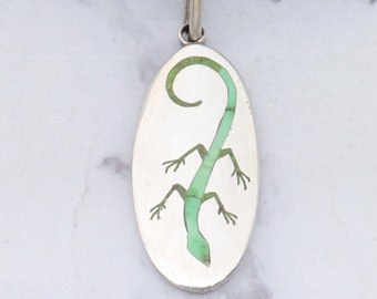 Vintage H.M. Coonsis Zuni sterling green turquoise inlay pendant