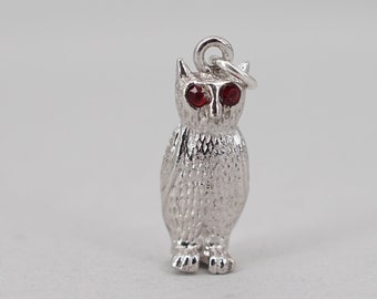Sterling Silver and Red Rhinestone Owl Charm