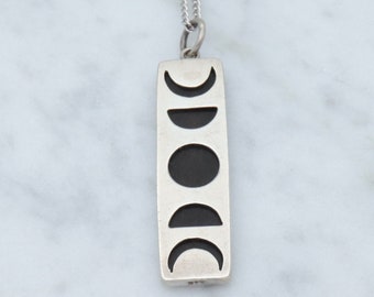 Vintage sterling & ebony wood moon phases drop pendant necklace