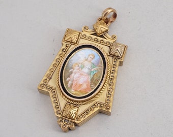 antique victorian 14k gold etruscan locket with hand painted porcelain plaque and enamel border ww