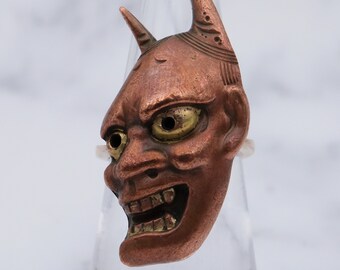 Antique Victorian handmade copper Japanese Hannya theatre mask with painted gold eyes & teeth, set in 10k gold frame ring, sz 5.5 - ww