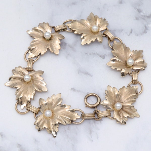 Retro 12k gold filled maple leaf link bracelet with genuine pearls