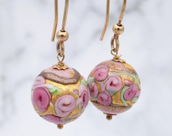 Vintage Venetian Murano glass pink wedding cake bead earrings with gold plated sterling hooks
