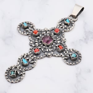 Vintage Mexican sterling silver, turquoise, coral & amethyst large cross pendant