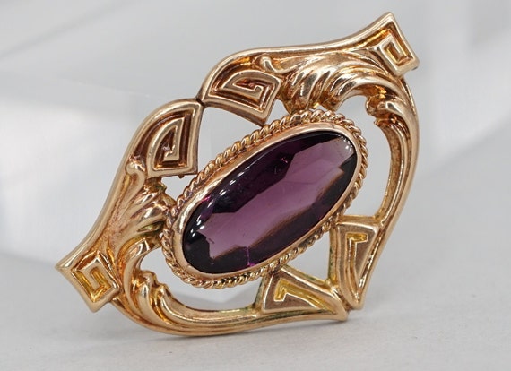 Antique Nouveau 10K Gold and Purple Glass Brooch … - image 2