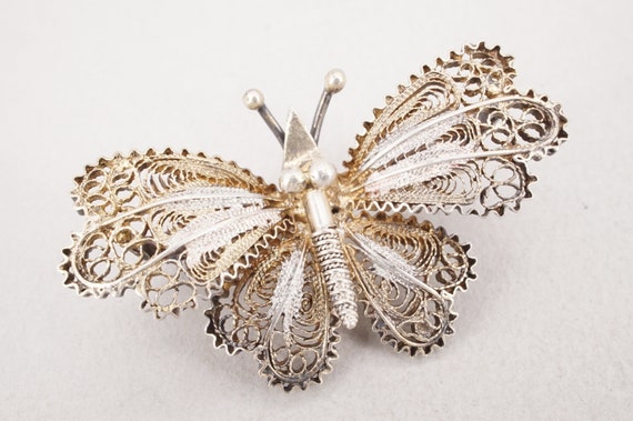 Vintage Gilt .800 Silver Filigree Butterfly Brooch - image 1
