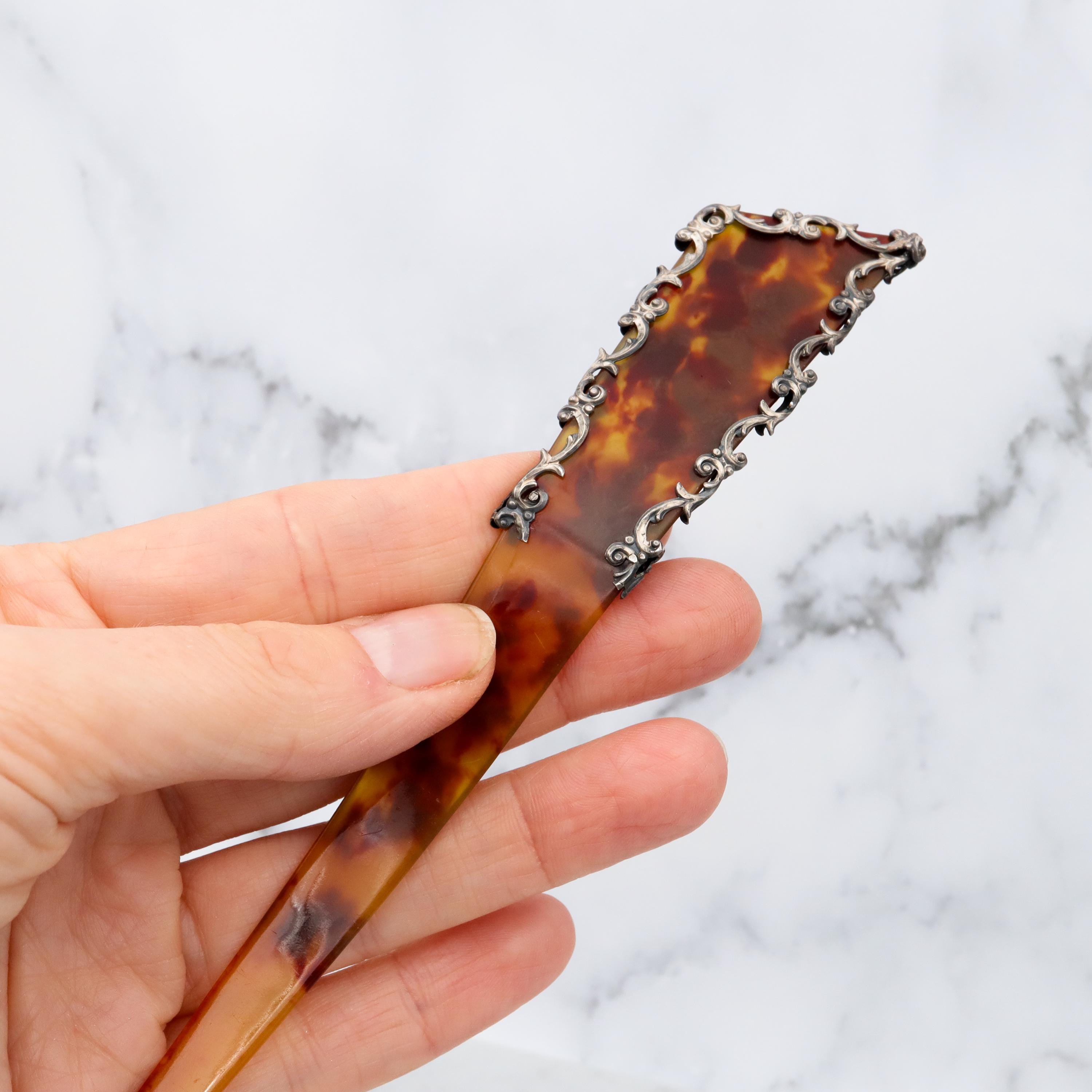Sterling Silver Hair Comb faux tortoiseshell - decorative Sterling spine Dresser Set Sterling Silver Combs — Harriete Estel Berman main image 2