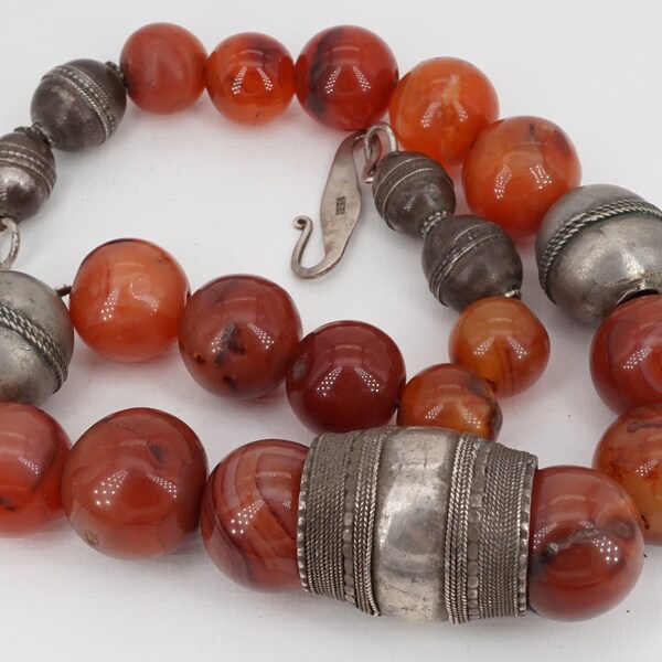Antique Tribal Silver and Carnelian Huge Beaded Chunky Necklace from India