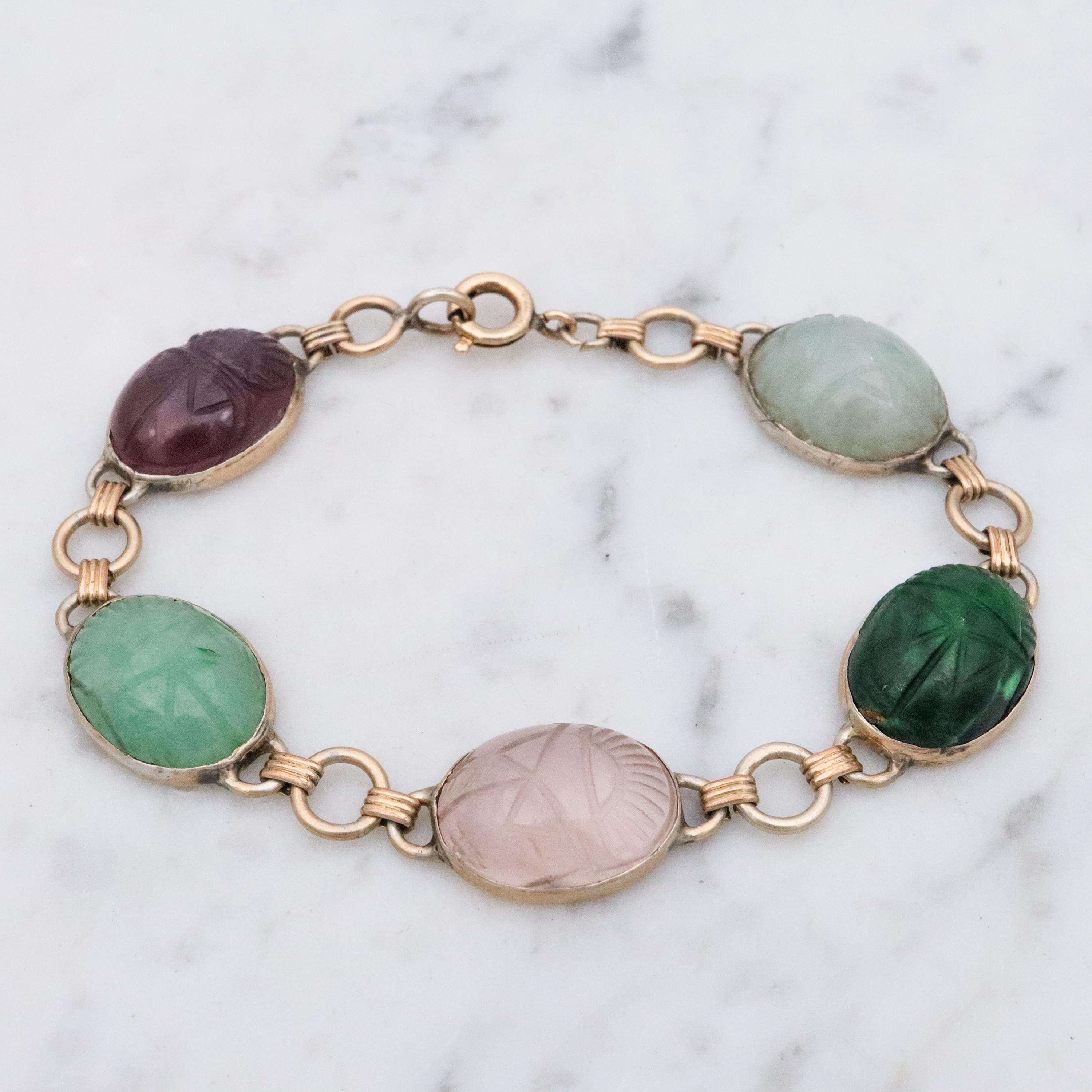 Retro 70s Gilt Sterling Carved Stone Scarab Link Bracelet - Etsy