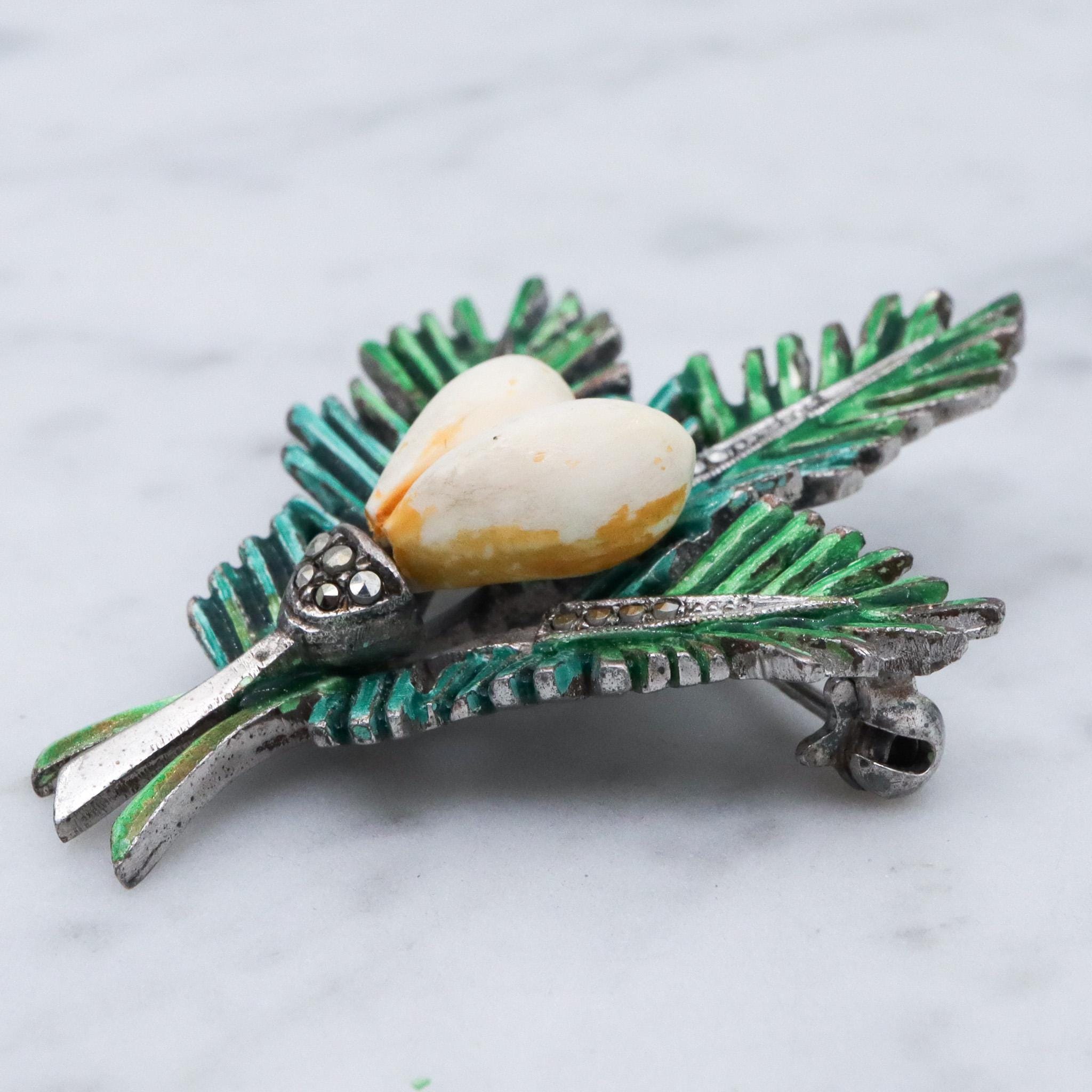 Broche Ancienne Argent Et Marcassite - Début XXe Siècle - Allemagne - Occasion (manque 2 Pierres)
