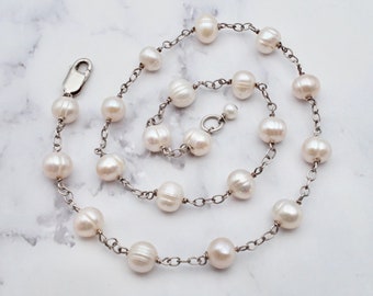 Vintage sterling cultured pearl station necklace, 16"