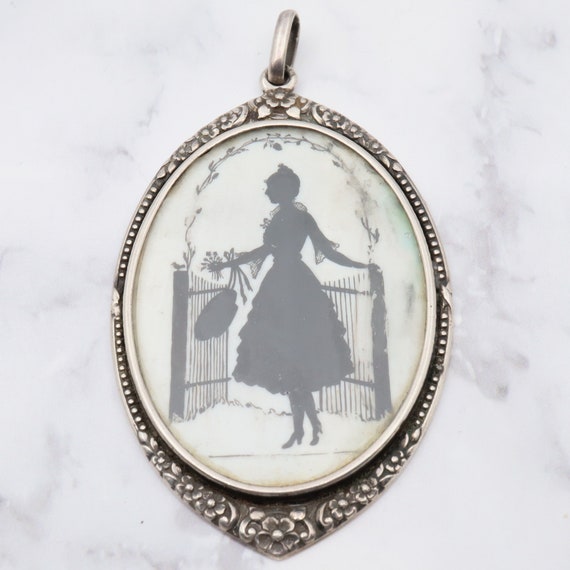 Antique sterling hand painted silhouette portrait… - image 1