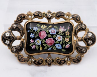 Antique victorian gold filled hand painted black and floral enamel brooch with loop for pendant