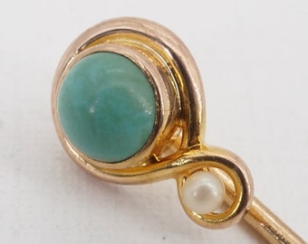 antique victorian 14k gold turquoise and pearl stick pin - ww