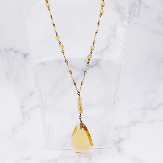 Antique deco Czech glass & brass drop pendant nec… - image 1