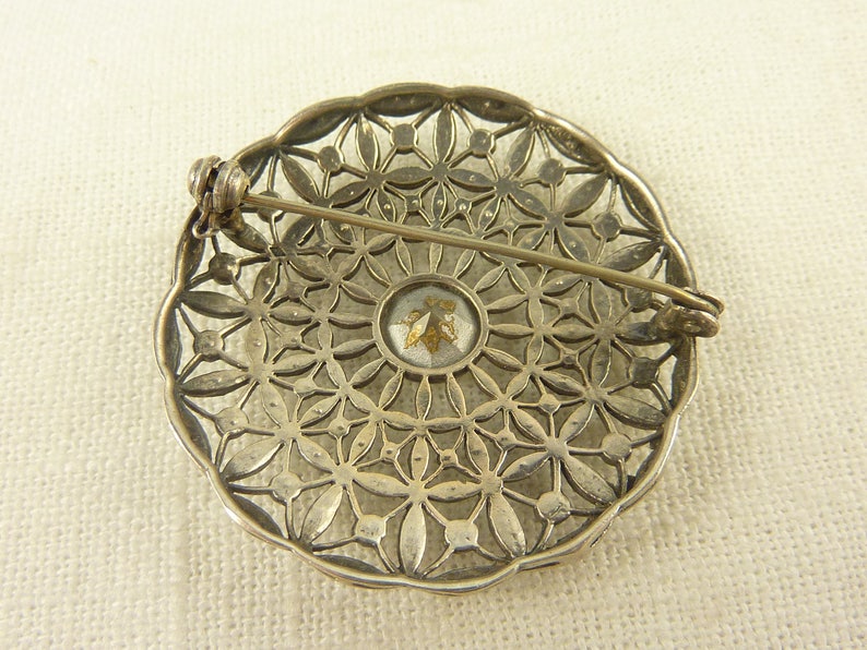 Antique French Deco Sterling and Paste Intricate Round Brooch