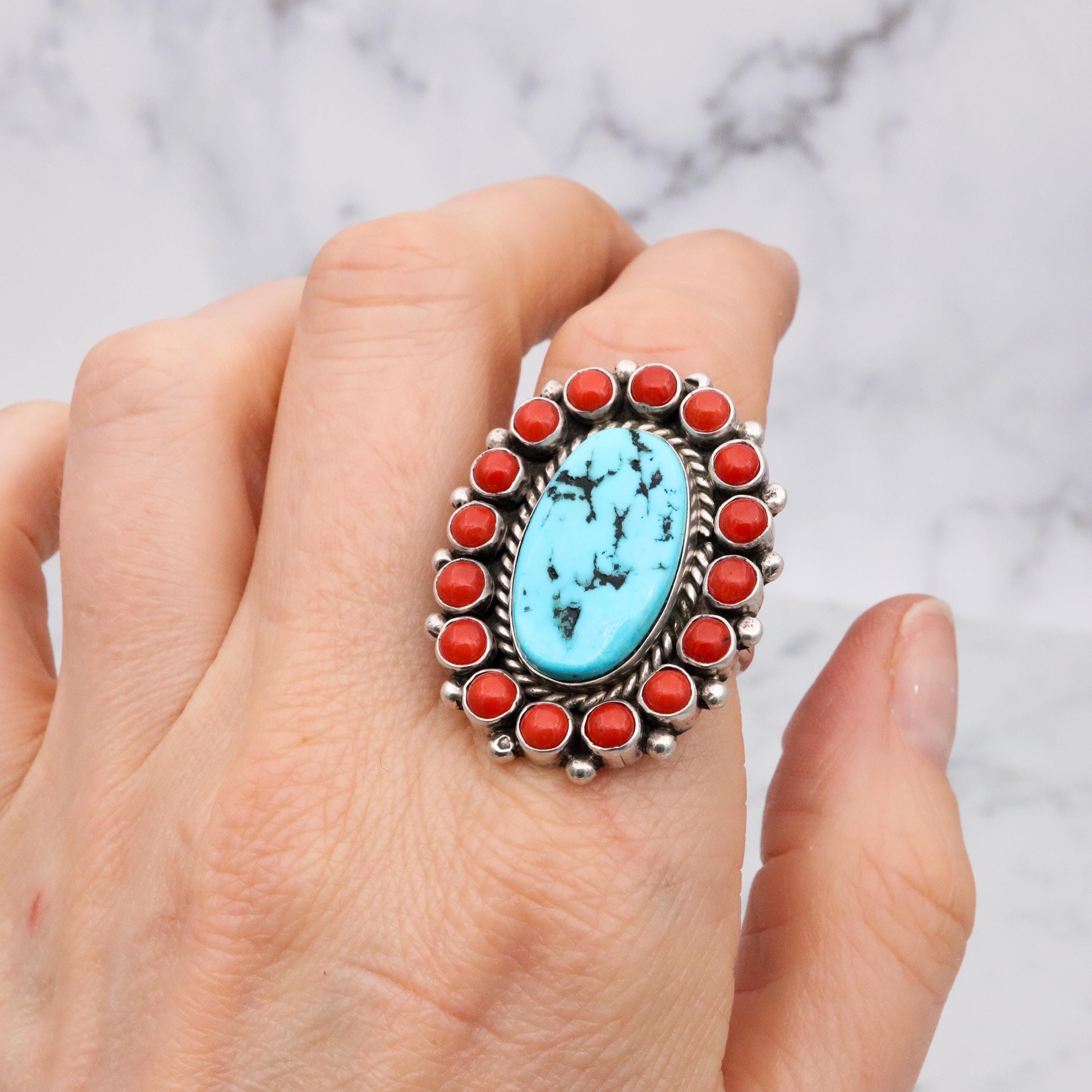 Vintage Navajo Artist Shona Yazzie Turquoise & Coral Sterling Ring