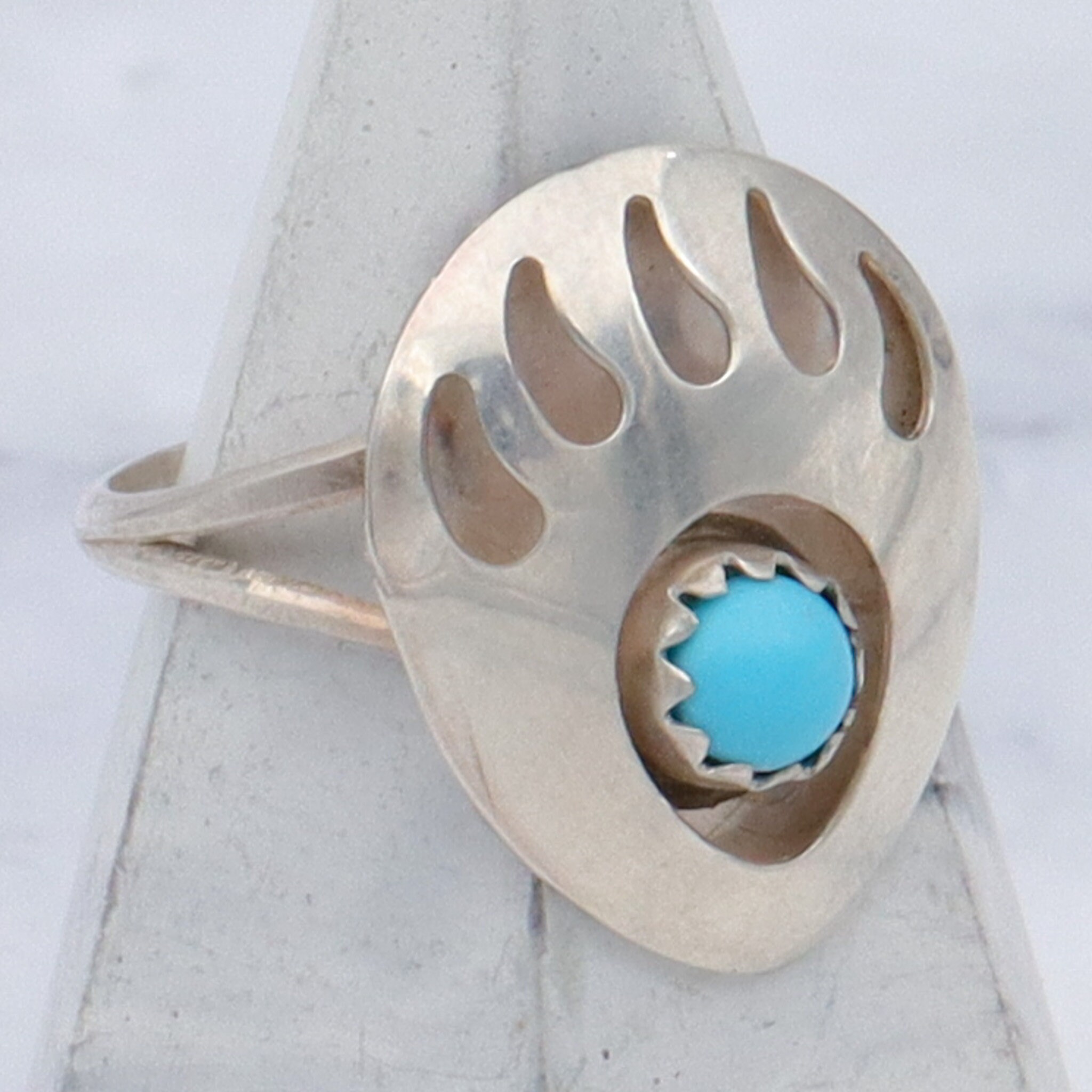 Bague Amérindienne Turquoise Et Nickel (patte D'ours, Taille 1.5 Enfant, Vintage)