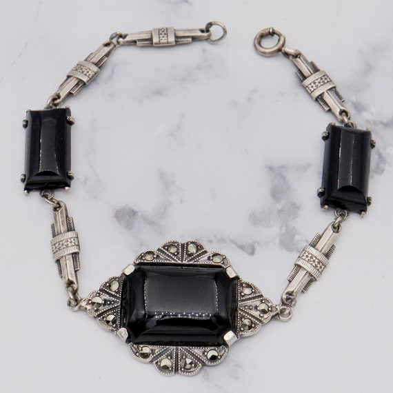 Antique Art Deco sterling, onyx & marcasite brace… - image 1