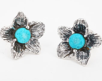 vintage sterling faux turquoise flower stud earrings