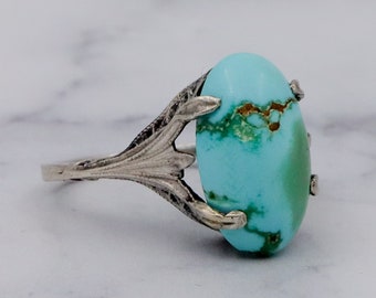 Antique Art Deco sterling filigree & turquoise ring, sz 5.75