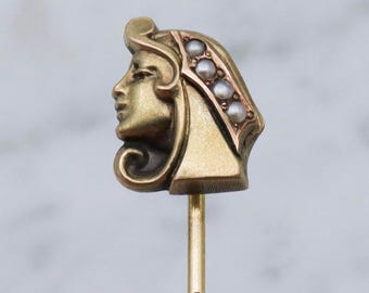 Antique Egyptian Revival Goddess 10k Gold Stick Pin