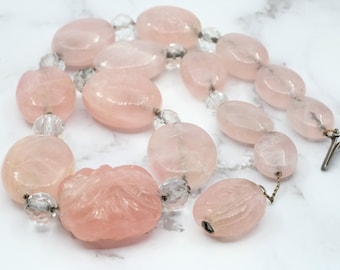 Antique Art Deco carved rose quartz and rock crystal beaded necklace