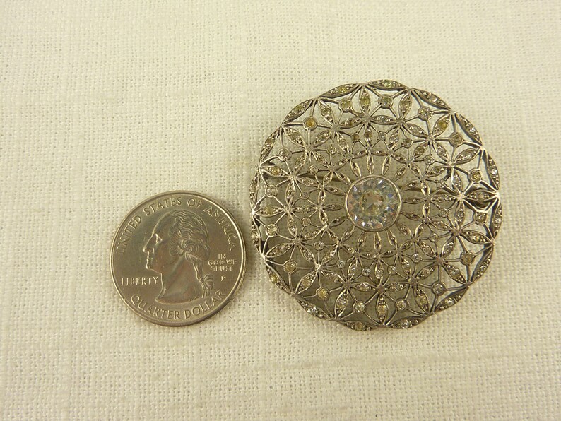 Antique French Deco Sterling and Paste Intricate Round Brooch