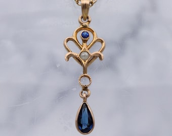 Art Nouveau style 10k gold, faux sapphire & pearl drop pendant