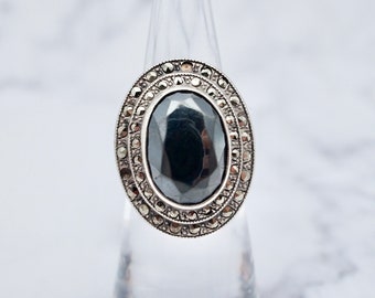 Antique Deco Uncas sterling, marcasite, & hematite ring, size 4.25
