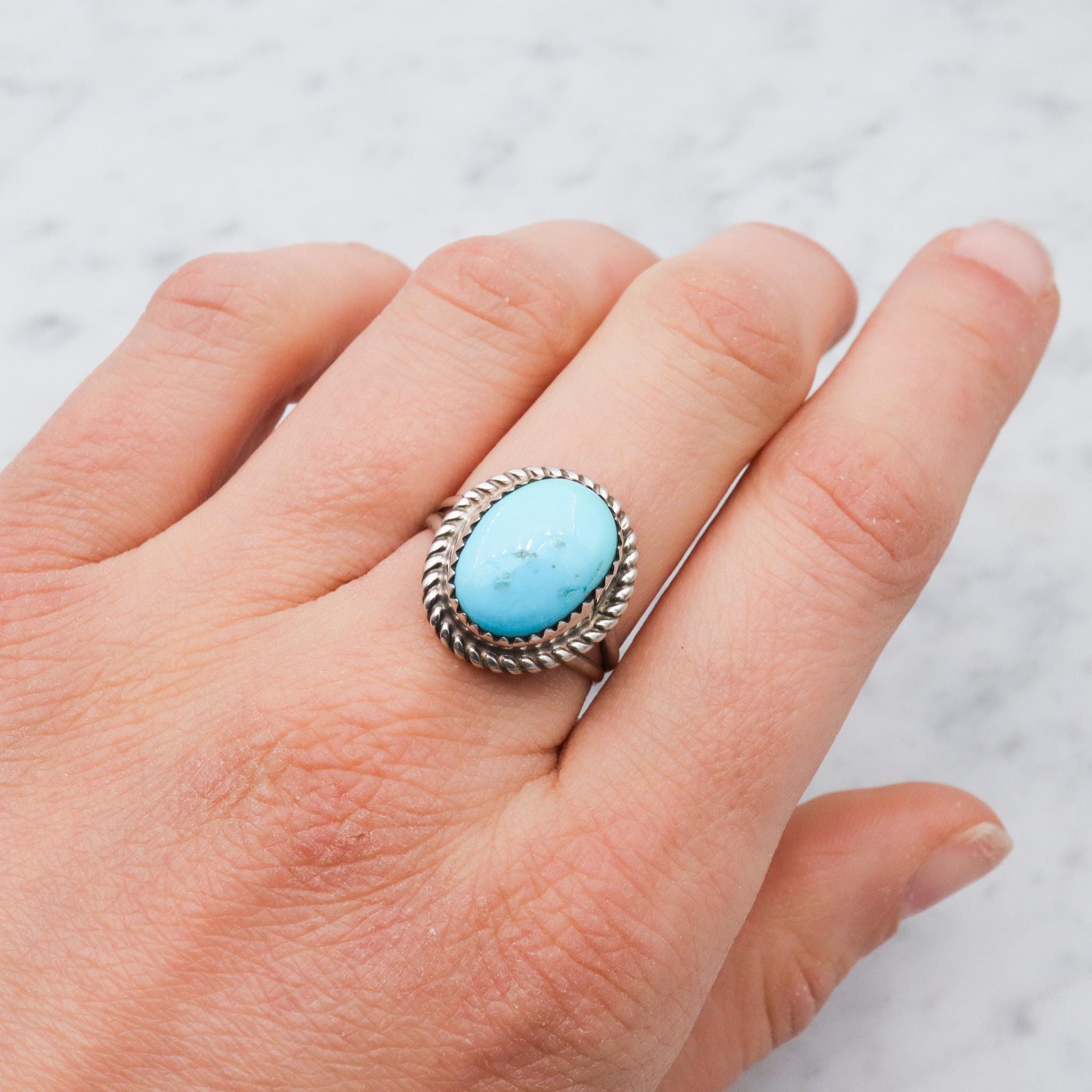 Vintage Herbert Tsosie Navajo Sterling Silver Turquoise Ring, Sz