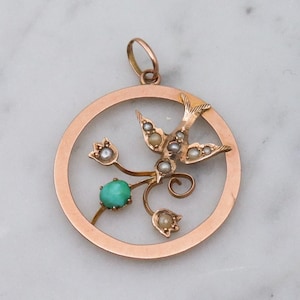 Antique Art Nouveau 9k gold turquoise & pearl swallow pendant