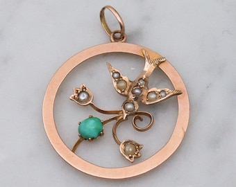 Antique Art Nouveau 9k gold turquoise & pearl swallow pendant