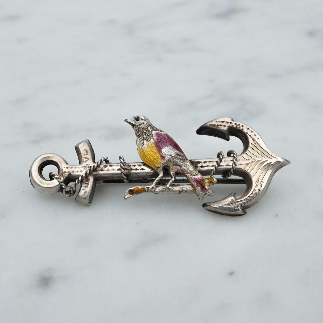 Antique Late Victorian Anchor & Rope W/enamel Bird Sterling Sweetheart ...