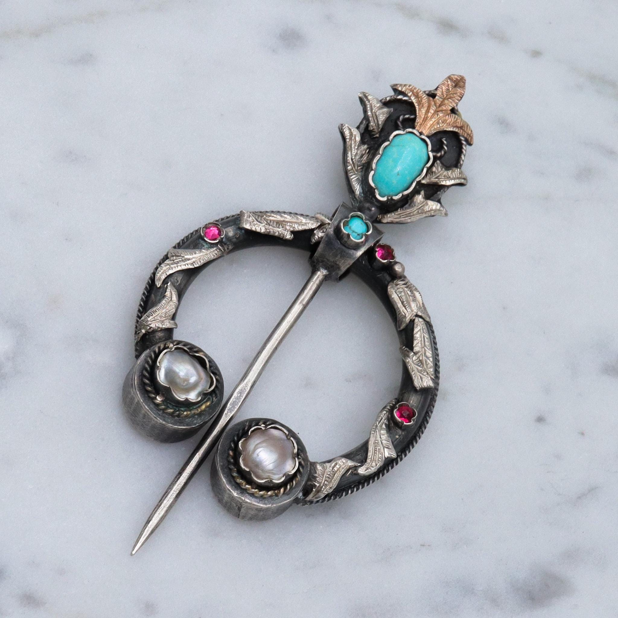 Vintage turquoise, and Ruby pin Antique Victorian Gold Snake Ruby Turquoise Buckle Pin main image 2