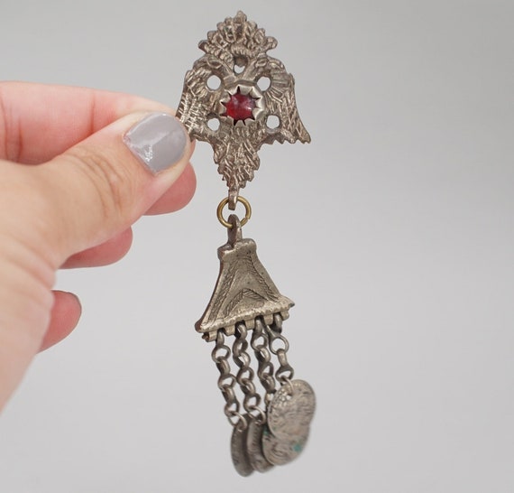 Antique Tribal Afghan Silver and Glass Pin - image 2