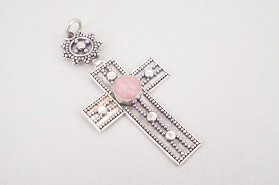 Vintage Sterling Silver & Rose Quartz Cross Penda… - image 1