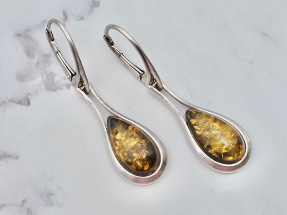 Vintage sterling and amber drop earrings - image 2